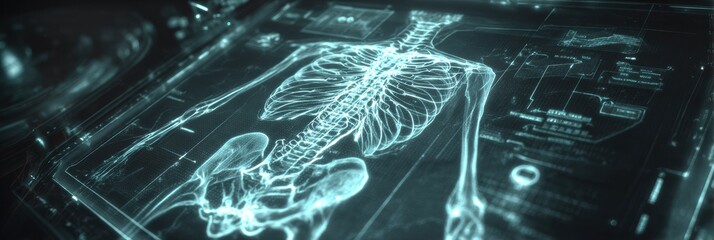 Poster - Cyber-style Holographic Interface Displaying Detailed Nervous System Map in a Futuristic Medical Setting