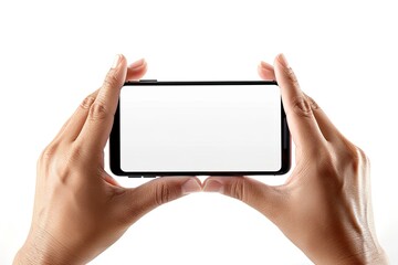 Hands Hold Mobile Phone Screen Mockup, Horizontal Smartphone Display Mock Up