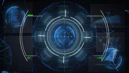 Fototapete - Dark grid initiating globe appearing rings rotating while side panels updating data display