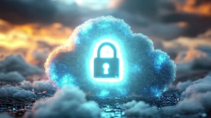 Poster - Cloud with a security lock symbolizing data protection in a sunset sky