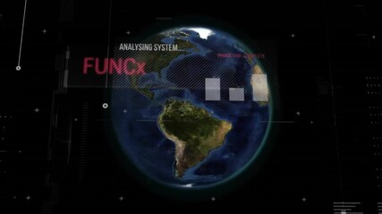 Poster - Upon startup 3D Earth globe emerging, spinning UI overlay sliding, bars filling analysis completing
