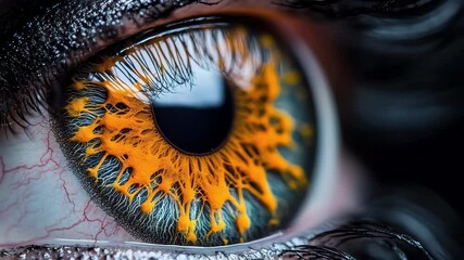 Poster - Close-up of a vibrant orange and gray eye showcasing intricate patterns and details captured in a studio setting