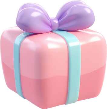 Pink gift box with a purple bow.