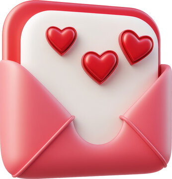 A three-dimensional, stylized envelope icon with hearts.