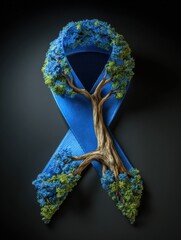 Poster - Symbol of Life Represented by a Blue Awareness Ribbon Transforming Into a Lush Tree, Showcasing Growth and Vitality in a Creative Design