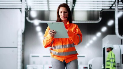 Poster - Woman Factory Worker Conducts Inspection