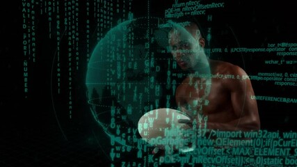 Aufkleber - Shirtless man guiding white sphere floating into holographic globe amid streaming green code tech