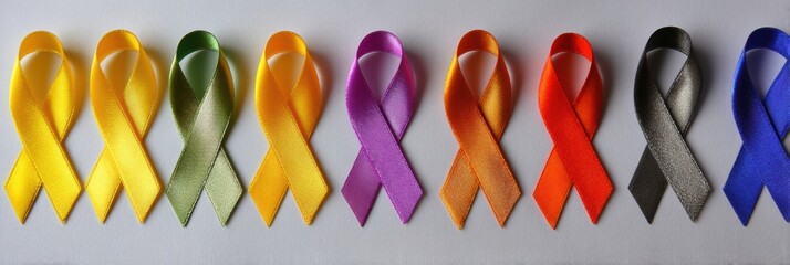 Poster - Color Guide for Cancer Awareness Ribbons Including Gold for Childhood Cancer Support and Other Causes Displayed Neatly in a Row