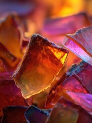 Poster - Abstract Broken Glass in Warm Hues Showcases Vibrant Colors With Intricate Patterns Reminiscent of a Molten Landscape Illuminated by Light