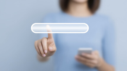 Fototapete - Woman interacting with a transparent digital interface, touching a virtual button while holding a smartphone, showcasing modern technology and user engagement in a digital environment