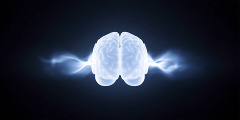 Poster - Abstract illustration of a glowing human brain with electric energy emanating from both sides, representing cognitive power, intelligence, and the complexity of thought processes in a dark background