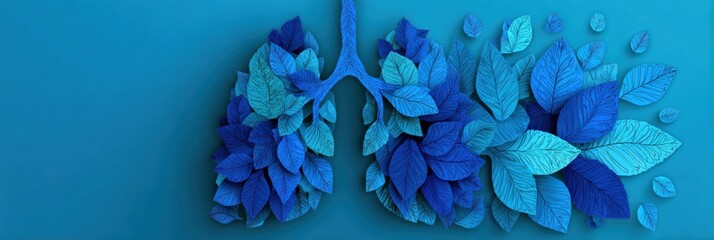Poster - Lungs Crafted From Green Leaves Against a Soothing Blue Gradient Background Symbolizing Health and Nature