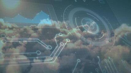 Poster - On playback HUD rotating, blue graph window flickering lens flare over drifting clouds for analysis