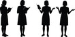 © Milon Creatives - Silhouette of woman reading book, public speaking, presenting information, standing pose, storytelling gesture, black and white vector art, communication, education, literature scene.