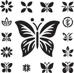 Poster - A collection of various black and white butterfly and floral designs arranged on a white background artfully