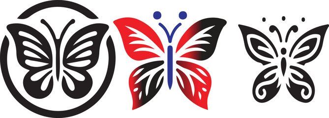 Poster - Three butterfly designs in black and red and blue isolated on a white background in a row format