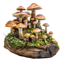 Aufkleber - Mushroom cluster on wooden log with green moss, showcasing various shapes and sizes, creating natural and vibrant forest scene