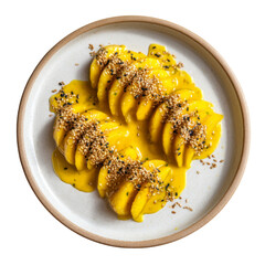 Poster - Delicious mango slices drizzled with sweet sauce and topped with sesame seeds create vibrant and appetizing dish. Perfect for refreshing dessert or snack