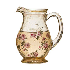 Poster - Elegant glass pitcher with floral design, filled with light beverage, showcasing intricate details and vintage aesthetic. Perfect for serving drinks at gatherings
