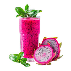 Poster - Refreshing dragon fruit smoothie in tall glass, garnished with fresh leaves, surrounded by sliced dragon fruit. vibrant and healthy drink option