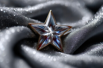 Poster - Sparkling star-shaped ornament resting on soft, shimmering fabric in dim light