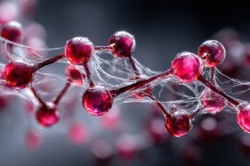 Poster - Exploring molecular structures with red spheres and fine filaments in scientific detail