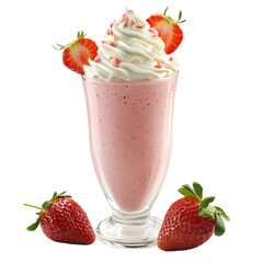 Poster - Delicious strawberry milkshake topped with whipped cream and fresh strawberries, perfect for refreshing treat. Enjoy sweet and creamy flavor