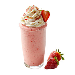 Poster - Delicious strawberry milkshake topped with whipped cream and fresh strawberries, perfect for refreshing treat. Enjoy sweet and creamy flavor