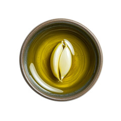 Poster - bowl of olive oil with garlic cloves, showcasing rich golden color and smooth texture, perfect for culinary use and healthy cooking