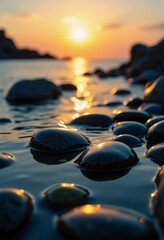 Poster - Golden rays break through the horizon, illuminating smooth stones nestled in serene waters. The gentle waves create a peaceful atmosphere as day begins Generative AI