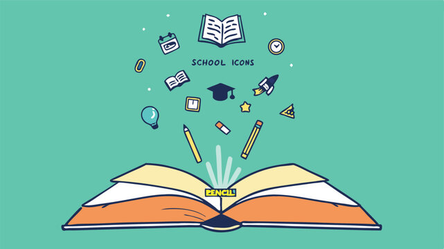Open book with colourful education symbols, School Icons – Educational Vector ,Flat Design Book Icon,