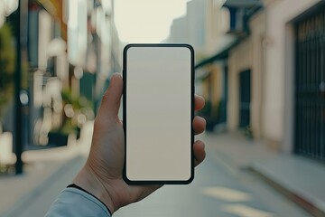 Detailed Color Picture of Hand Holding a Black Smartphone with a Blank Screen