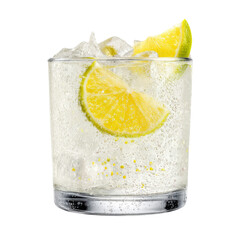 Aufkleber - refreshing cocktail with lime slices and ice in clear glass, showcasing bubbles and vibrant appearan