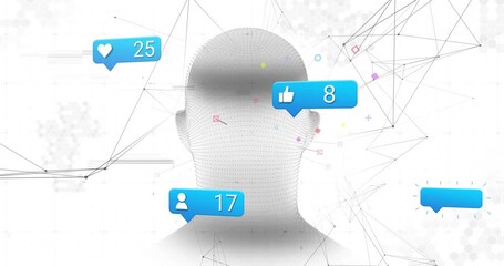 Poster - wireframe head model starting rotation, revealing floating icons showing engagement metrics