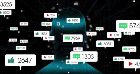 Poster - Flickering data nodes starting wireframe head rotating, spawning icons updating engagement stats