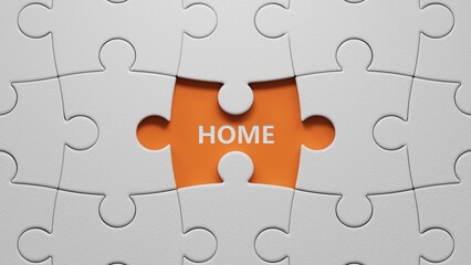 Poster - Home.The white puzzle pieces with missing pieces spelling.Flat lay view from above on The white puzzle pieces with missing pieces buttons.IT technology concept.3D rendering on orange background.