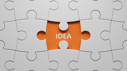 Poster - Idea.3D illustration of The white puzzle pieces with missing pieces.close up of The white puzzle pieces with missing pieces,3D rendering on orange background.