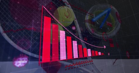 Poster - Red bar appearing, bars growing red pink, arrow illustrating downward trend over sports lab gear