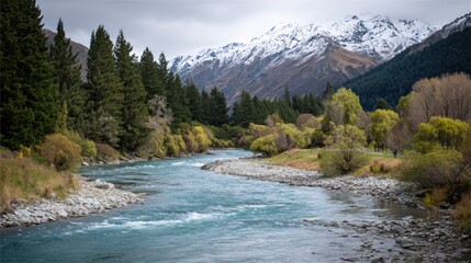 Aufkleber - Snow-capped Mountains Surround a River Flowing Through Lush Greenery During a Cloudy Day in a Serene Natural Landscape