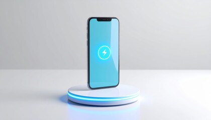 Poster - Modern smartphone charging on wireless pad with blue light glow