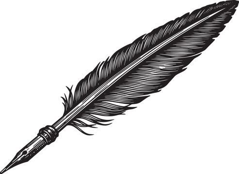 Detailed Illustration of an Ink Pen Featuring a Feather and Arti