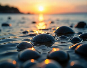 Poster - Pebbles glisten with morning dew as the sun breaks the horizon, casting golden hues across the calm water. Nature awakens in a peaceful embrace of light Generative AI