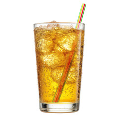 Aufkleber - Refreshing carbonated drink in tall glass with ice and colorful straw. Perfect for hot days, this beverage offers fizzy and invigorating experience