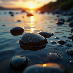 Poster - Smooth stones rest in the reflective water as the sun rises on the horizon, casting a warm glow across the landscape. Nature awakens in this tranquil morning moment Generative AI
