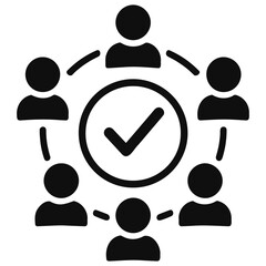 Poster - Black and white illustration of a group of people connected to a check mark in a circle on transparent background