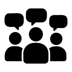 Poster - illustration of three stylized figures with speech bubbles above their heads in solid black color on