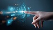 © JT Studio - A human finger interacts with a futuristic, glowing digital interface displaying circular and linear data elements in a dark, tech-inspired environment.