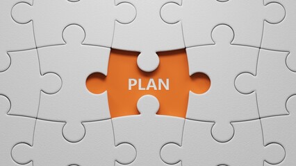 Poster - plan. The white puzzle pieces with missing pieces spelling.Flat lay view from above on The white puzzle pieces with missing pieces buttons.IT technology concept.3D rendering on orange background.