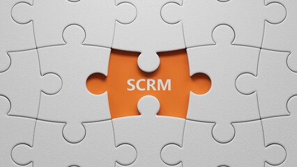 Fototapete - Abbreviation Scrm on The white puzzle pieces with missing pieces. Business analysis concept.close up of The white puzzle pieces with missing pieces,Business Concept.3D rendering on orange background.