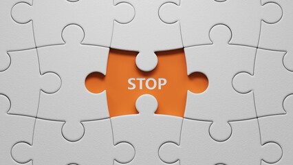 Poster - STOP.3D illustration of The white puzzle pieces with missing pieces.close up of The white puzzle pieces with missing pieces,3D rendering on orange background.